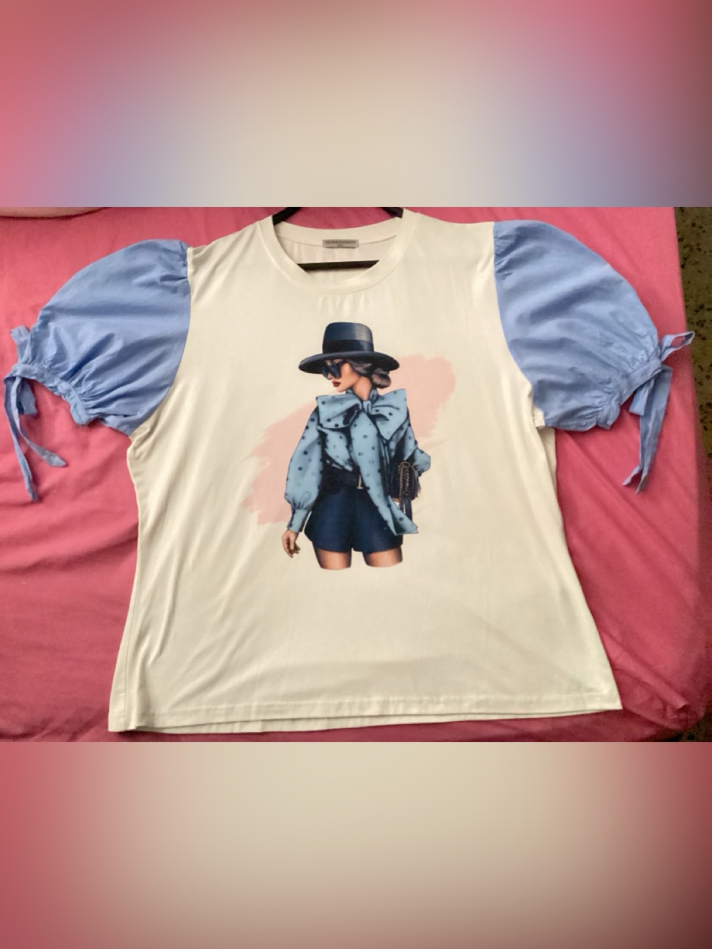 Women Top with Light Blue Puff Sleeves and Fashion Illustration